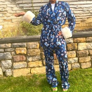 The Full Set🧚🏻🌸🌺 Floral fluffy sleeve rope blazer w/ flared pants